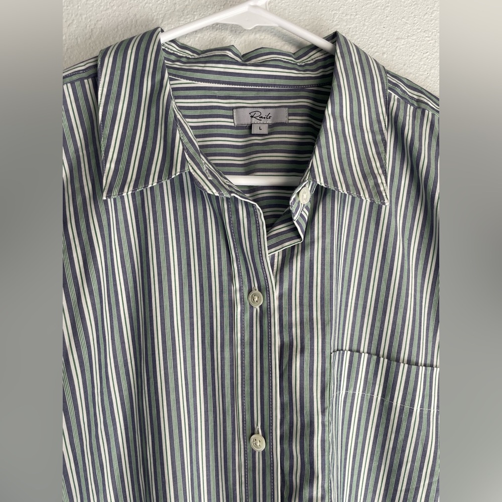 Rails Janae Bank Stripe Blue and Green Cotton Balloon Sleeve Shirt Size Large - Picture 13 of 13